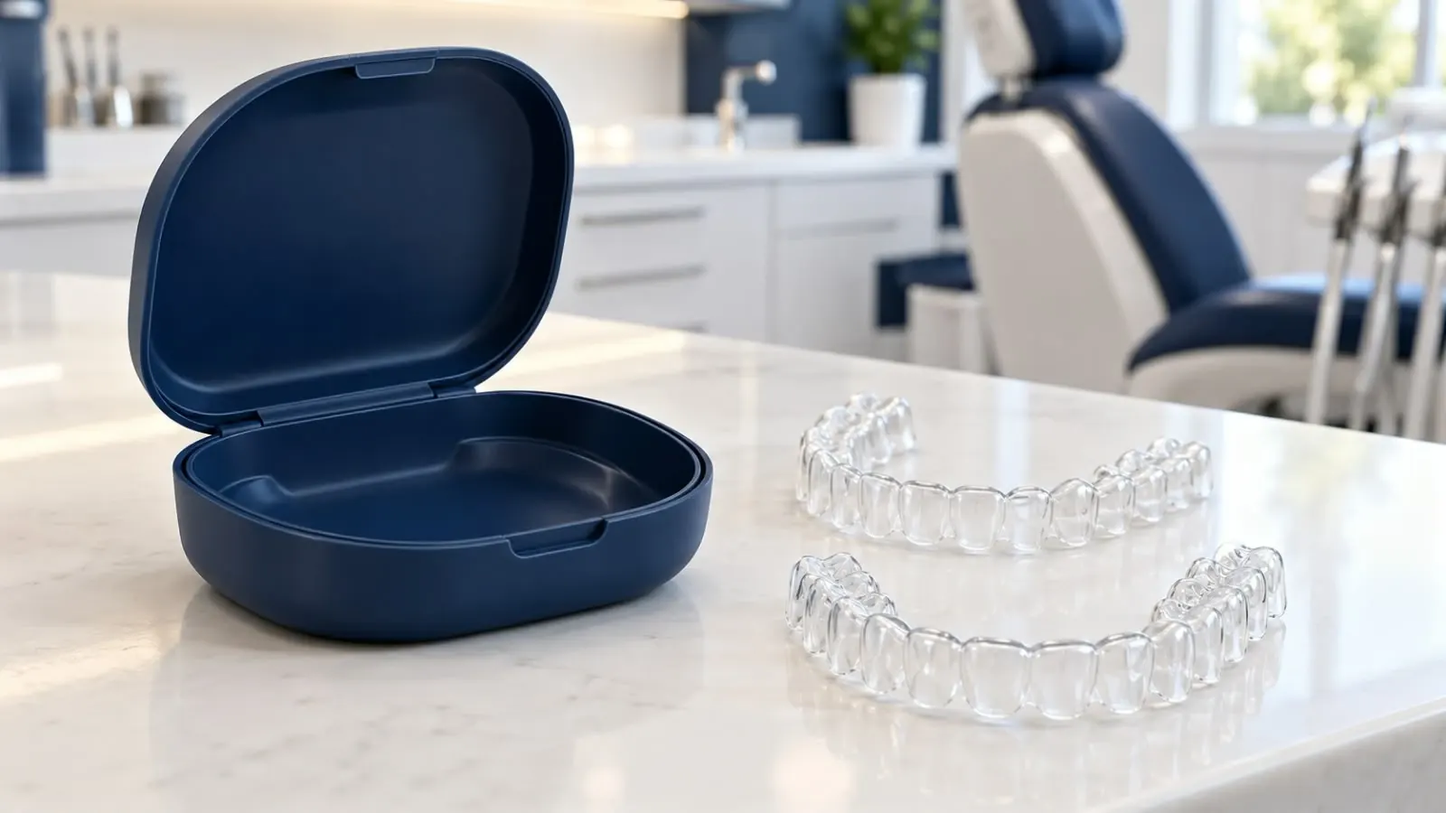 Estuche y juego de alineadores transparentes sobre una mesa en el consultorio dental