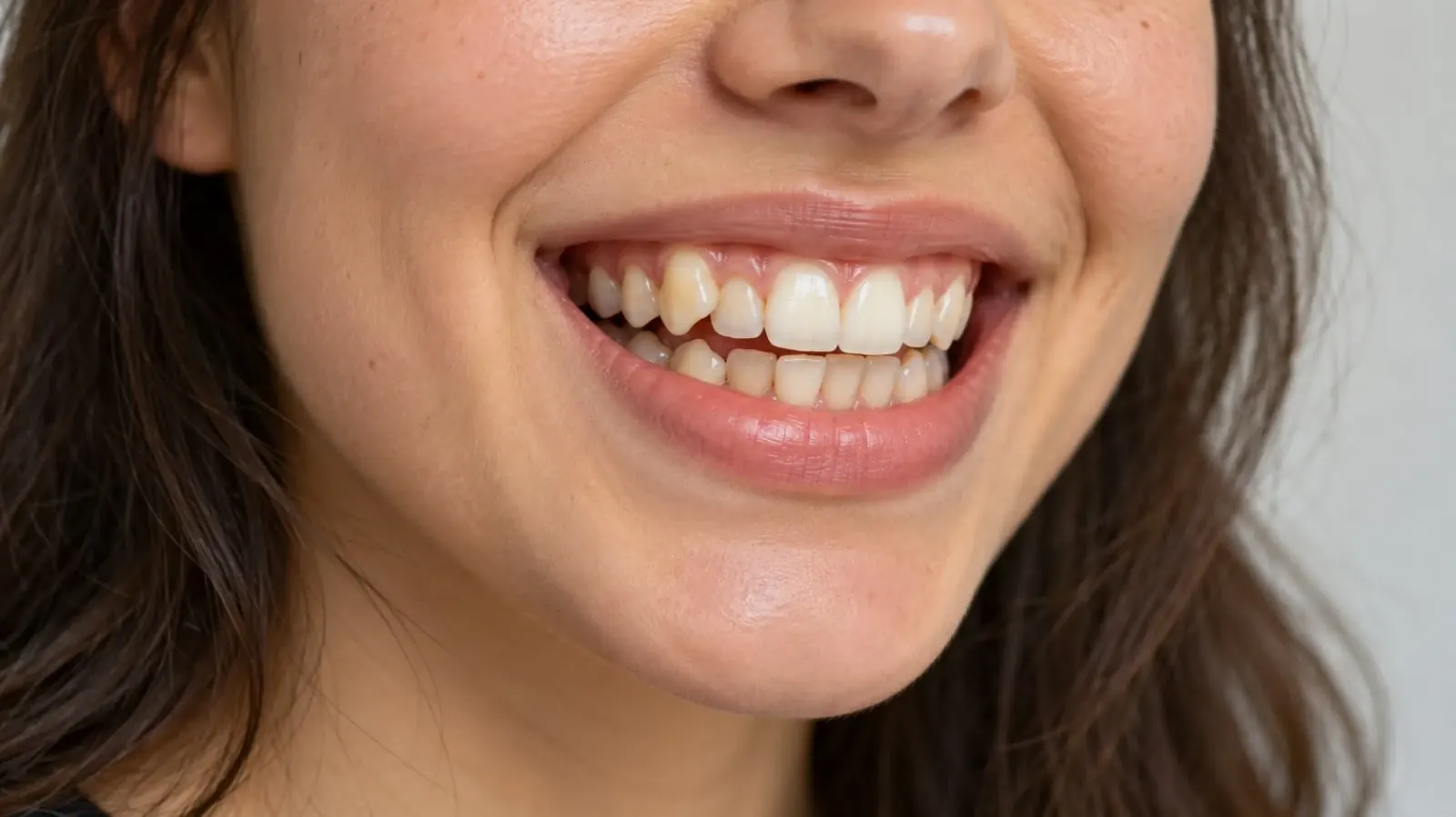 Primer plano de una sonrisa con dientes apiñados, candidata a tratamiento con alineadores