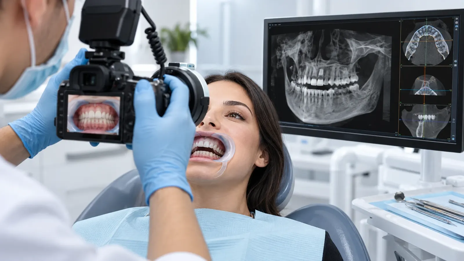 Profesional dental fotografiando la sonrisa de un paciente junto a una pantalla con radiografías y escaneo 3D