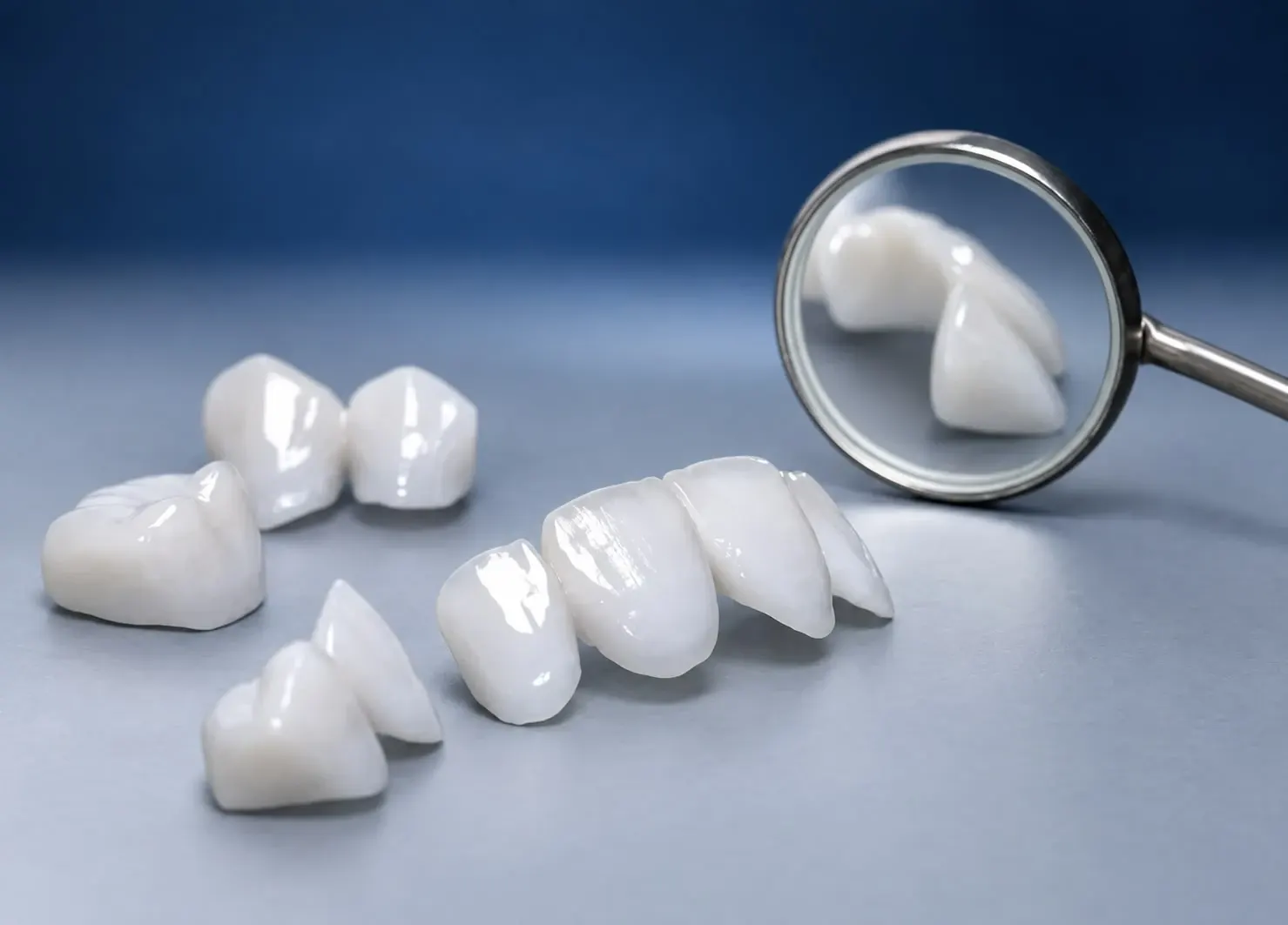 Modelos de puentes dentales de cerámica junto a un espejo dental de mano