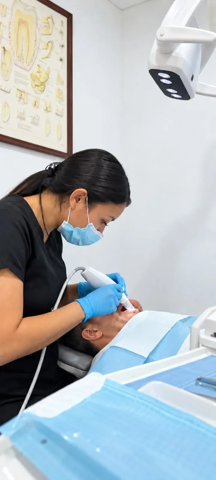 Profesional realizando un escaneo digital intraoral al paciente para diseñar el puente dental