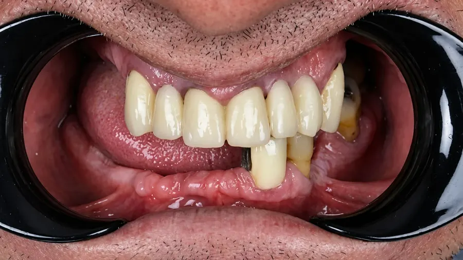Before and after an implant crown at Esthetic Dent in Costa Rica — before