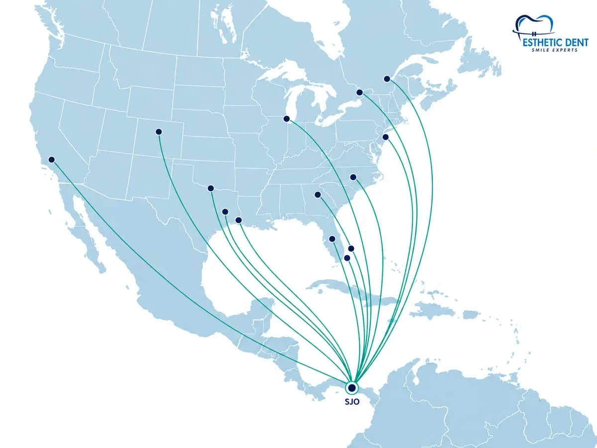 Illustrated map with nonstop routes connecting U.S. and Canadian cities to San José, Costa Rica