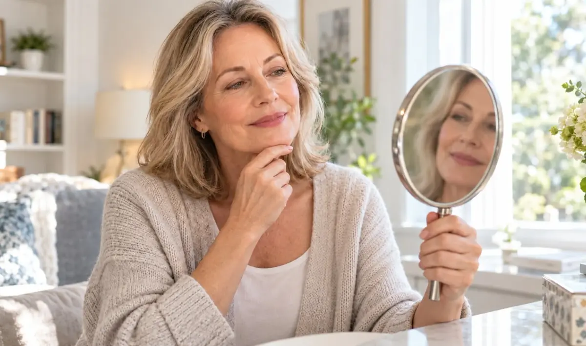 Mujer sonriendo con confianza al mirarse en un espejo