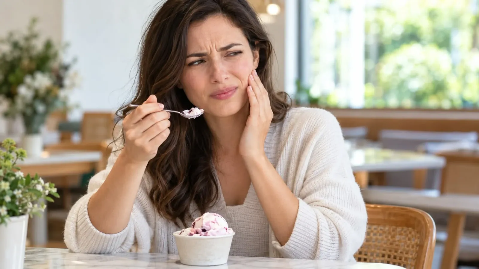 Mujer sintiendo sensibilidad dental al comer un postre frío