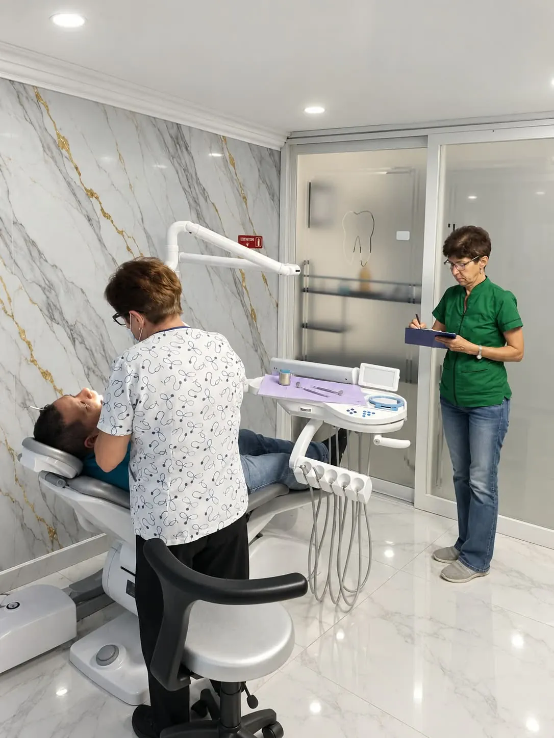 Odontóloga realizando una limpieza dental mientras una asistente registra las indicaciones del caso