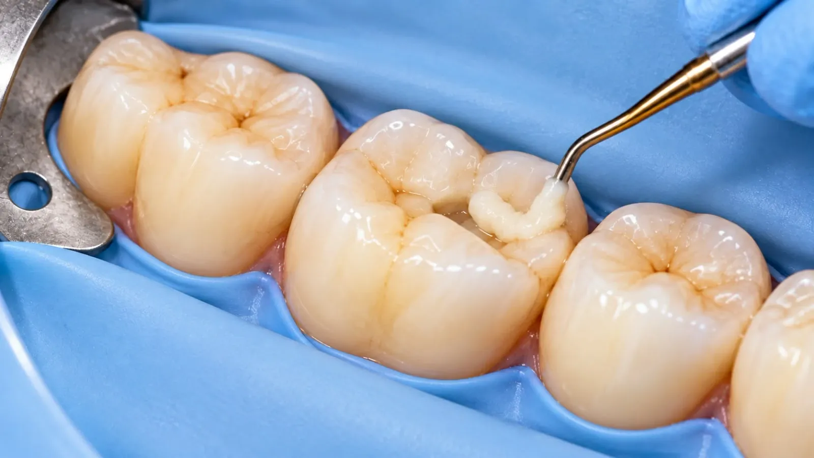 Odontólogo colocando o modelando una resina dental sobre un diente