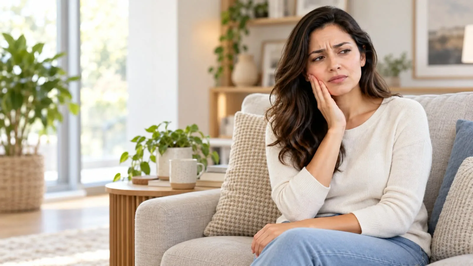 Mujer sentada en un sofá sosteniéndose la mejilla por dolor dental