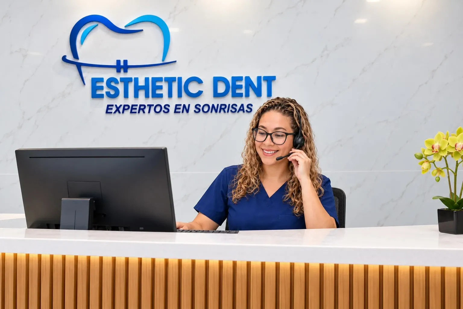 Recepcionista de Esthetic Dent atendiendo una llamada telefónica en la recepción de la clínica