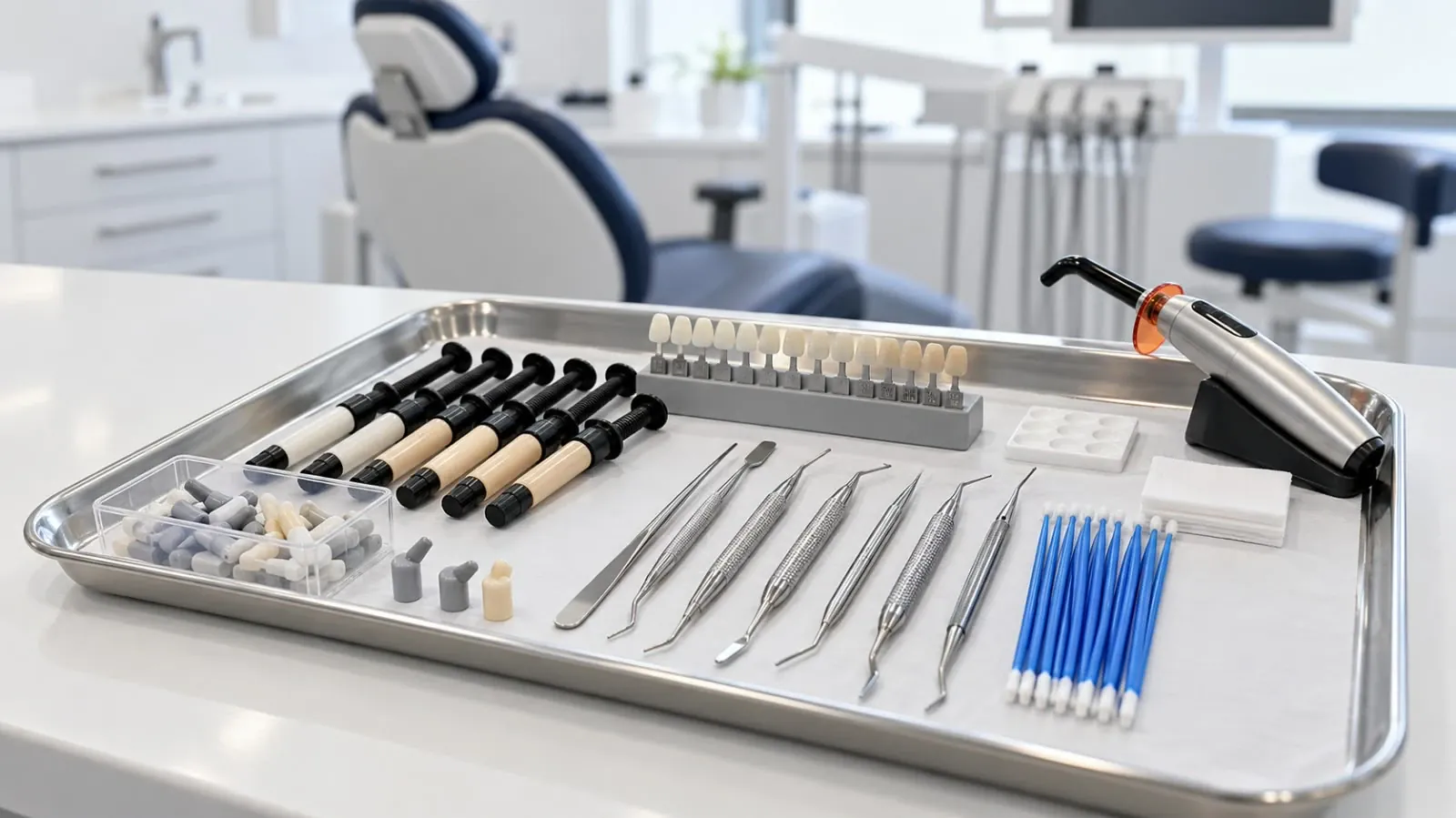 Composición clínica con jeringas de resina nanoparticulada, guía de color dental, lámpara LED de fotopolimerización y dique de goma