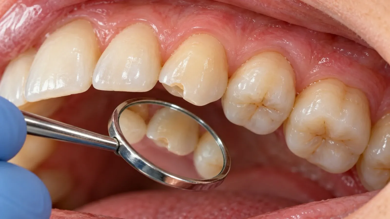 Odontólogo revisando de cerca una caries pequeña en un diente con un espejo dental