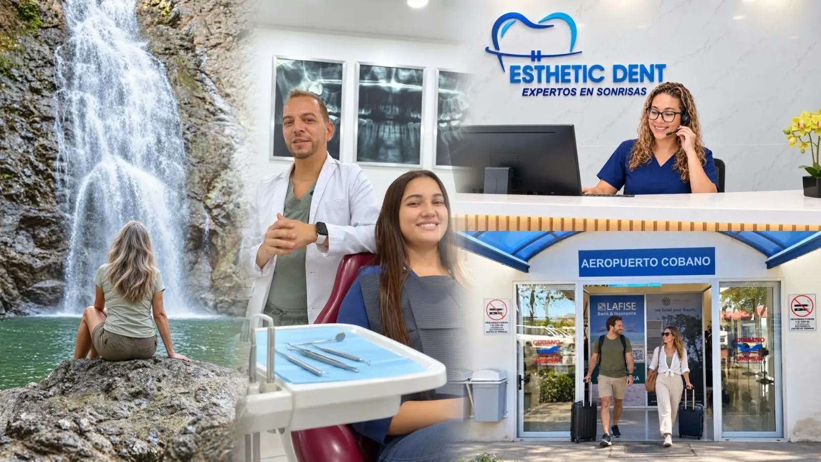 International dental patient's journey: Costa Rica scenery, an Esthetic Dent doctor and patient, the front desk, and arrival at Cobano airport
