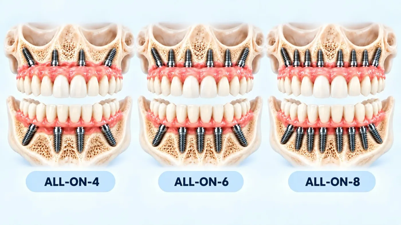 Comparación de implantes All-on-4, All-on-6 y All-on-8 sobre modelos de maxilar y mandíbula