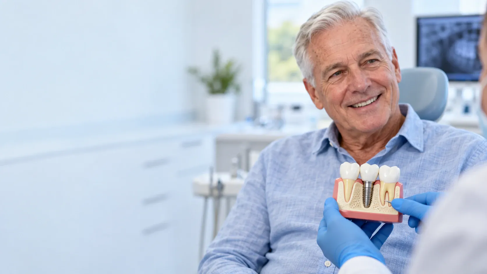 Paciente adulto sonriendo mientras el odontólogo le muestra un modelo de implante dental
