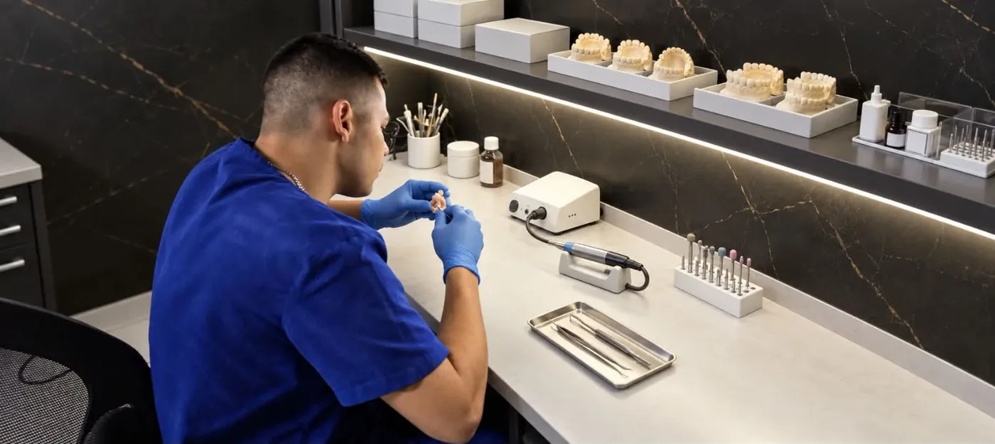 Esthetic Dent's dental ceramist hand-finishing a restoration in the in-house lab