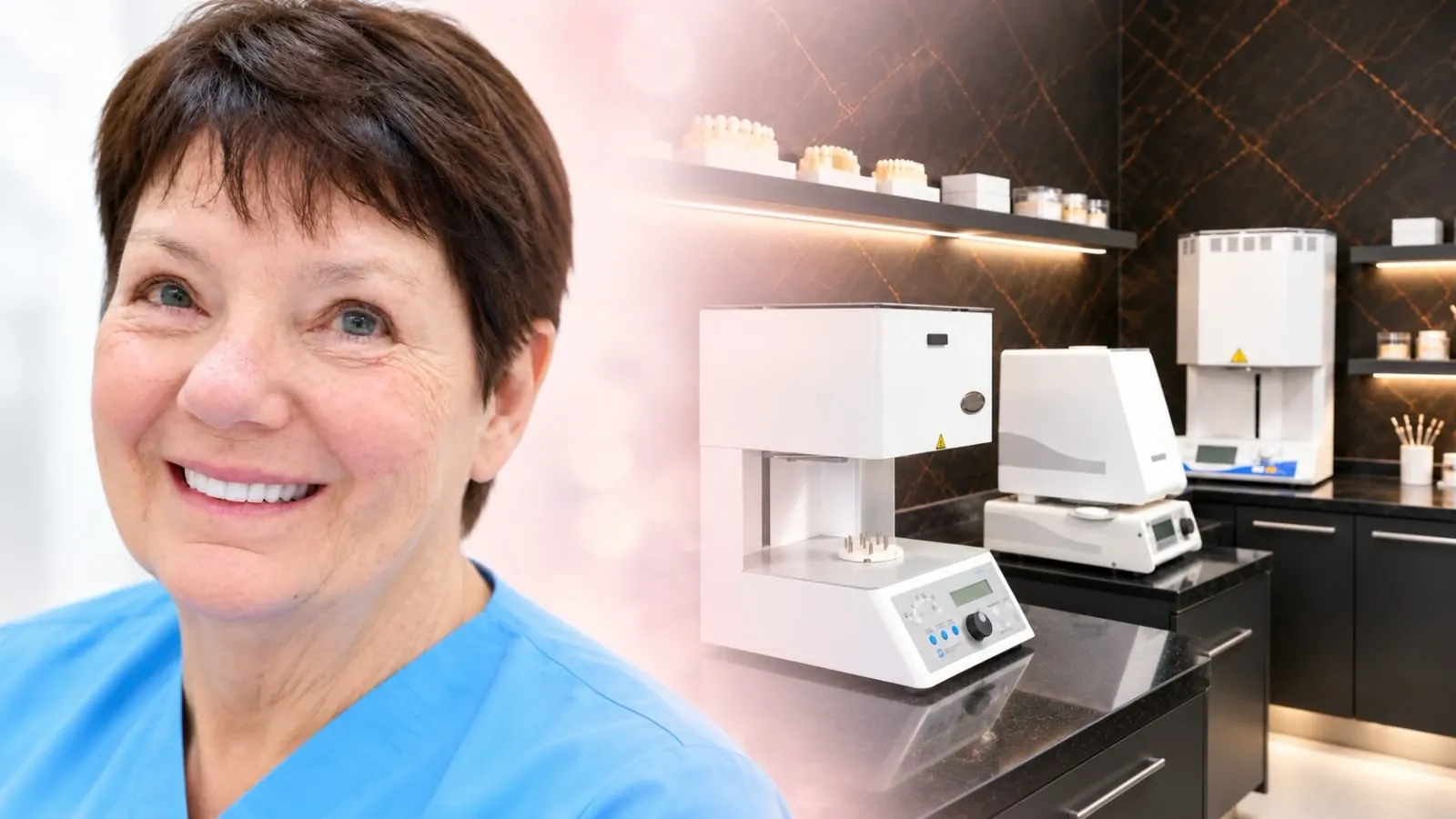Smiling Esthetic Dent team member beside the in-house dental laboratory furnaces in Costa Rica
