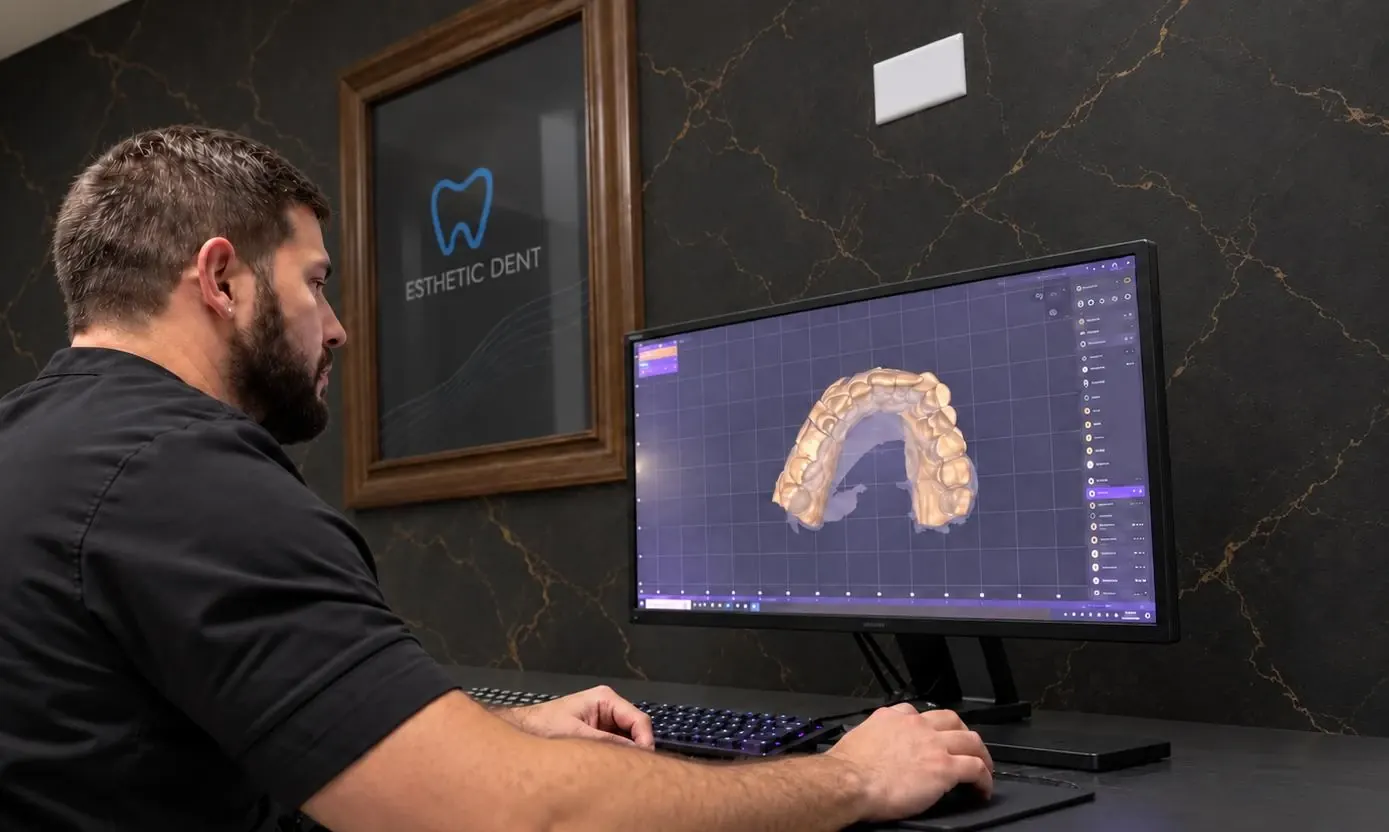 Técnico diseñando una restauración dental con software CAD/CAM en su estación de trabajo