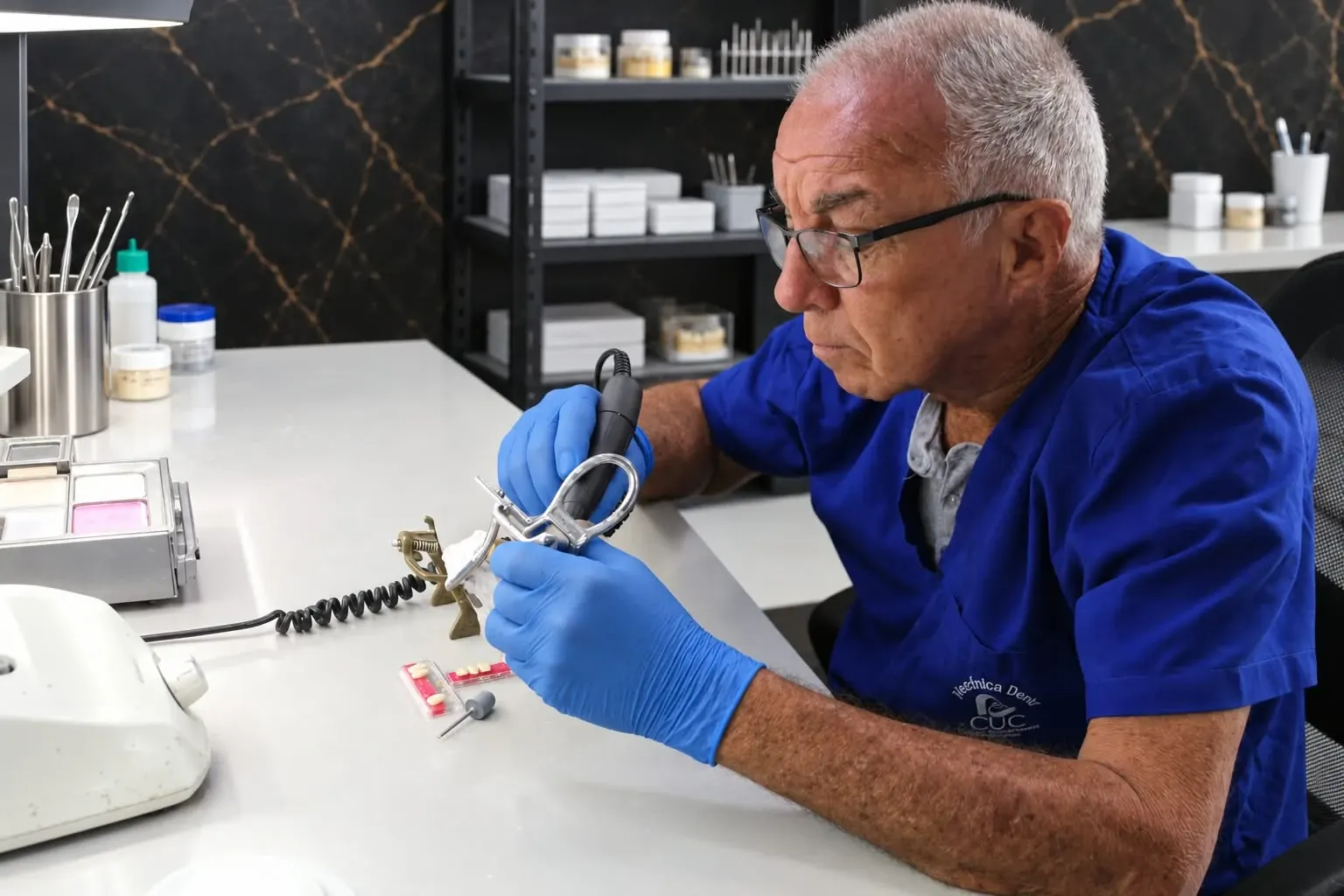Técnico dental terminando a mano una restauración en el laboratorio