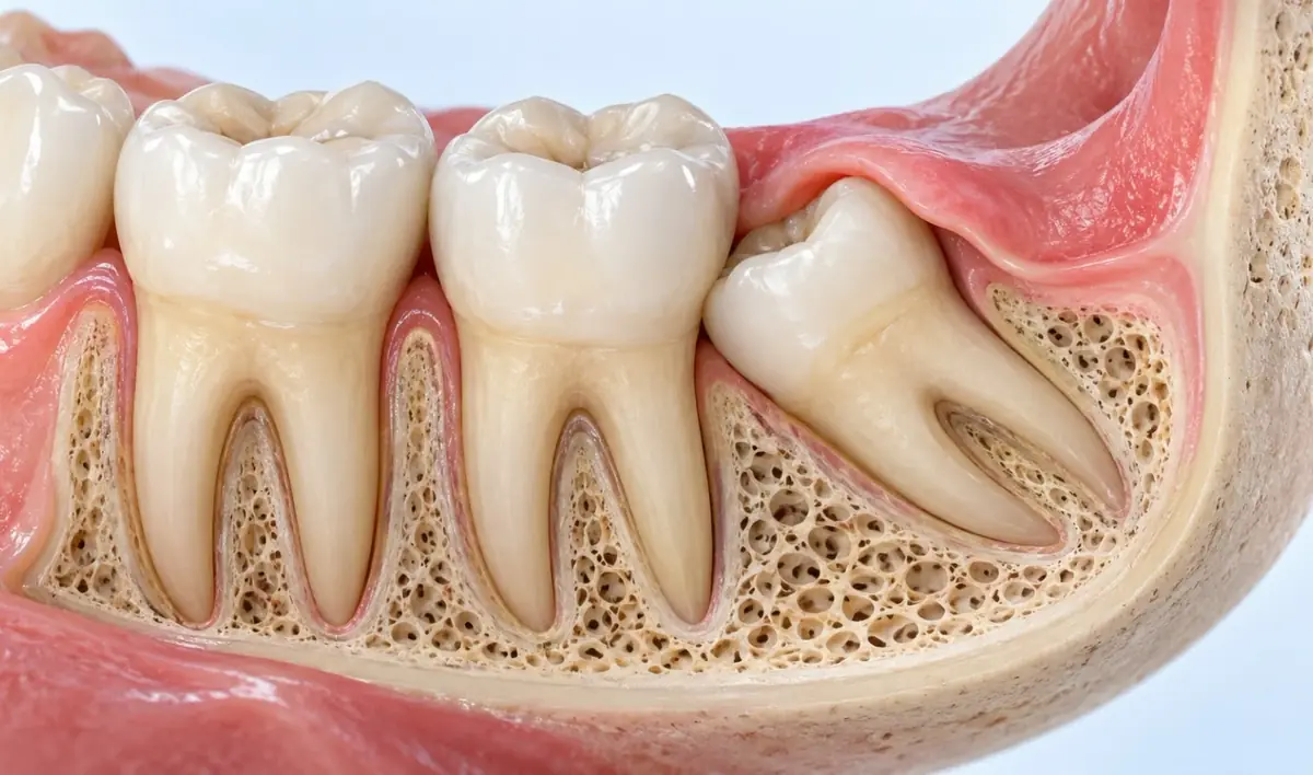 Modelo dental mostrando una cordal retenida junto a los molares vecinos