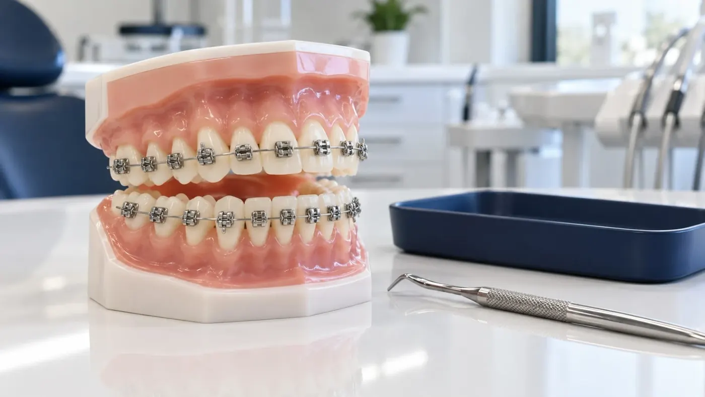 Modelo dental con brackets metálicos junto a instrumental odontológico