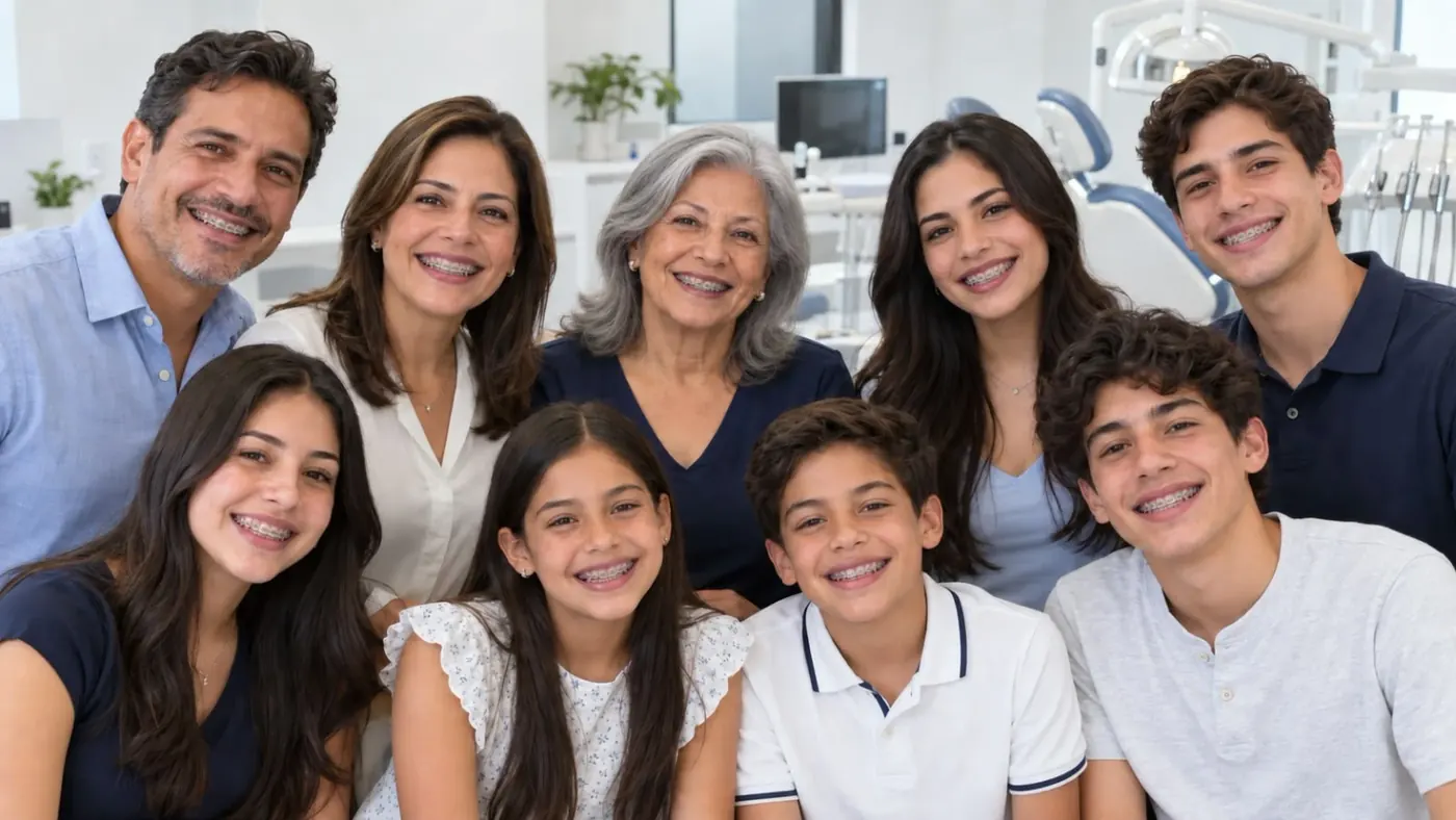 Familia de distintas edades sonriendo con brackets dentales, mostrando que el tratamiento no está limitado a una sola edad