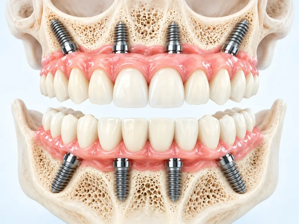 All-on-4 dental implant illustration, four implants supporting a fixed arch