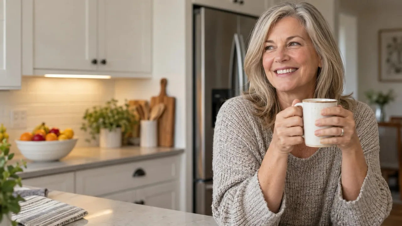 A smiling patient enjoying a cup of coffee at home after All-on-X dental implants at Esthetic Dent in Costa Rica