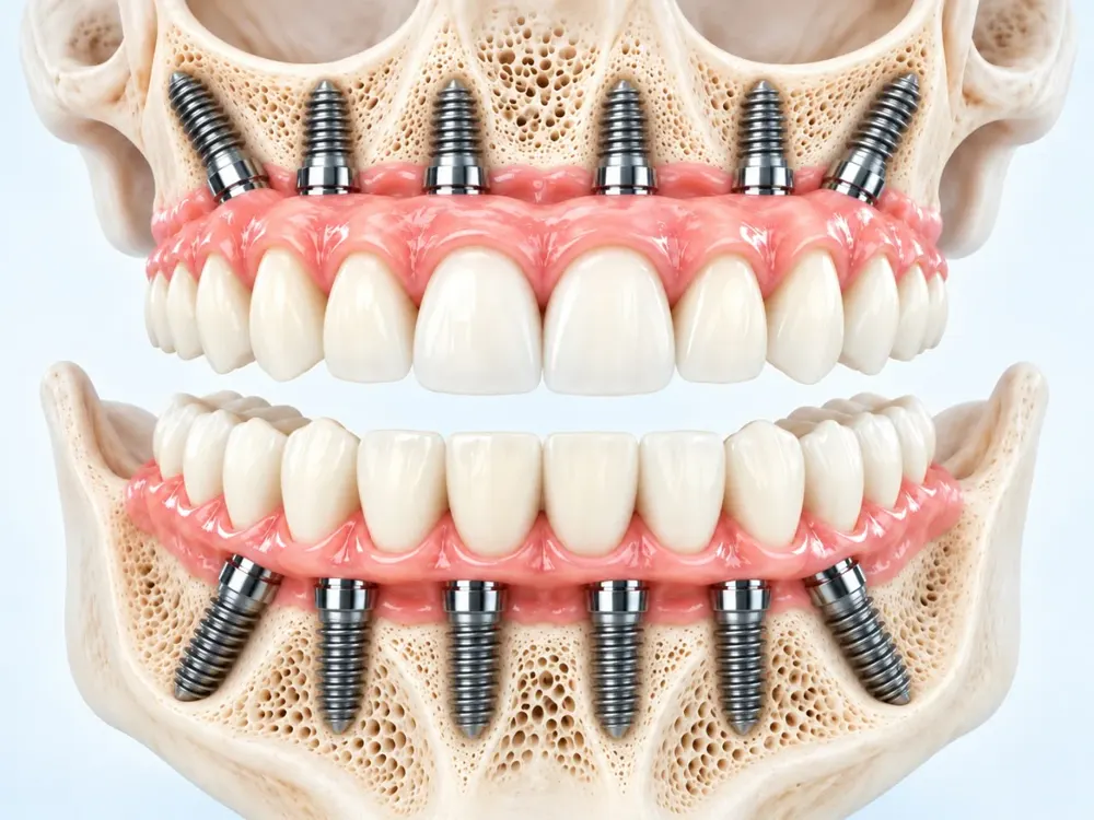 All-on-6 dental implant illustration, six implants supporting a fixed arch