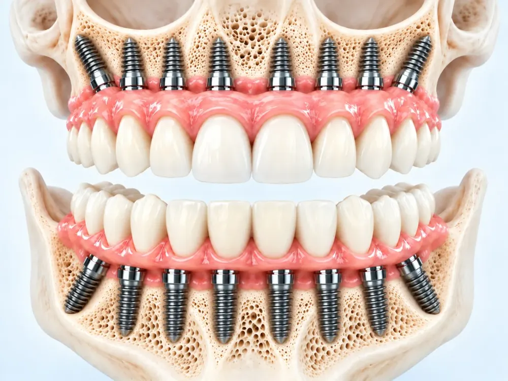 All-on-8 dental implant illustration, eight implants supporting a fixed arch