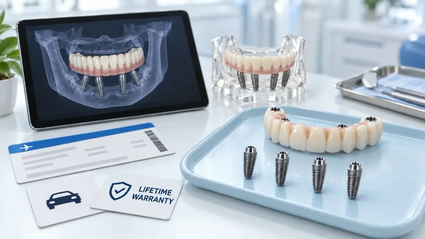 All-on-X treatment essentials at Esthetic Dent: implants, fixed bridge, travel and lifetime warranty