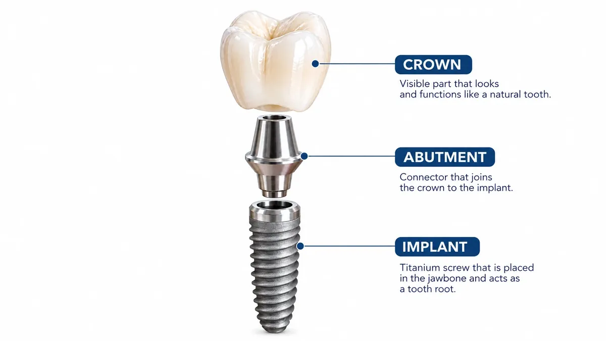 Dental implant anatomy: crown, abutment and implant