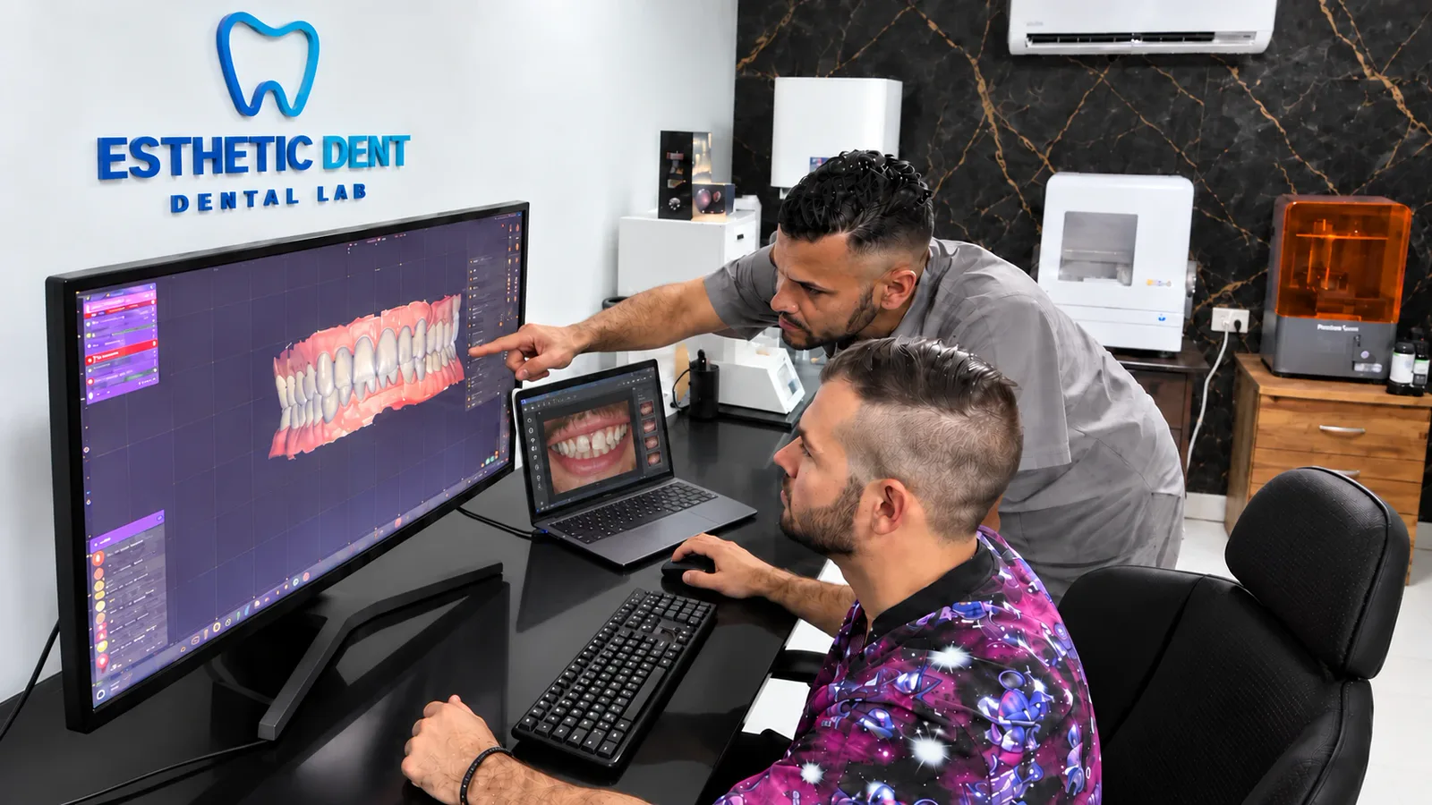 Dental lab technicians reviewing a digital smile design scan on screen at Esthetic Dent