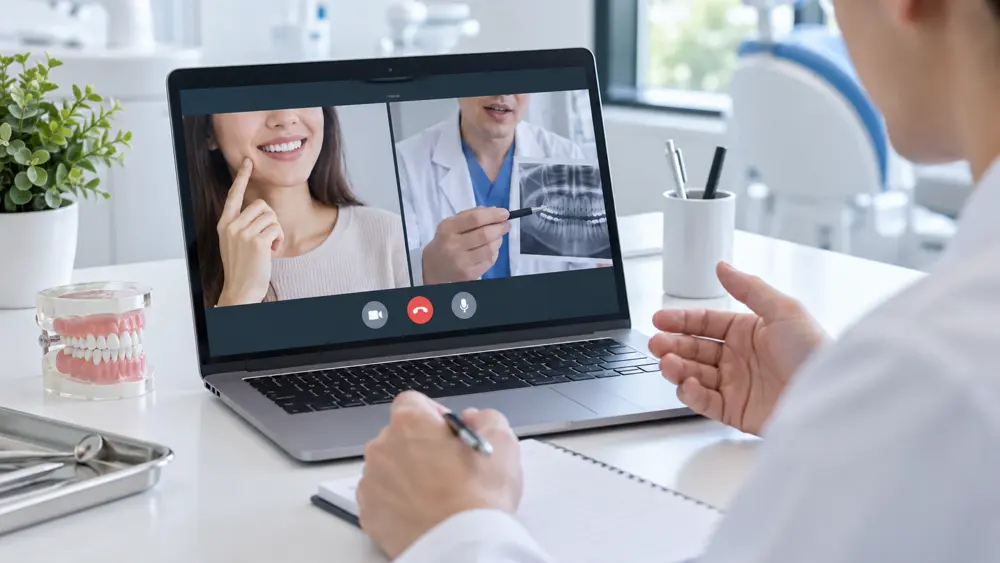 Video consultation between a patient and a dentist reviewing an X-ray
