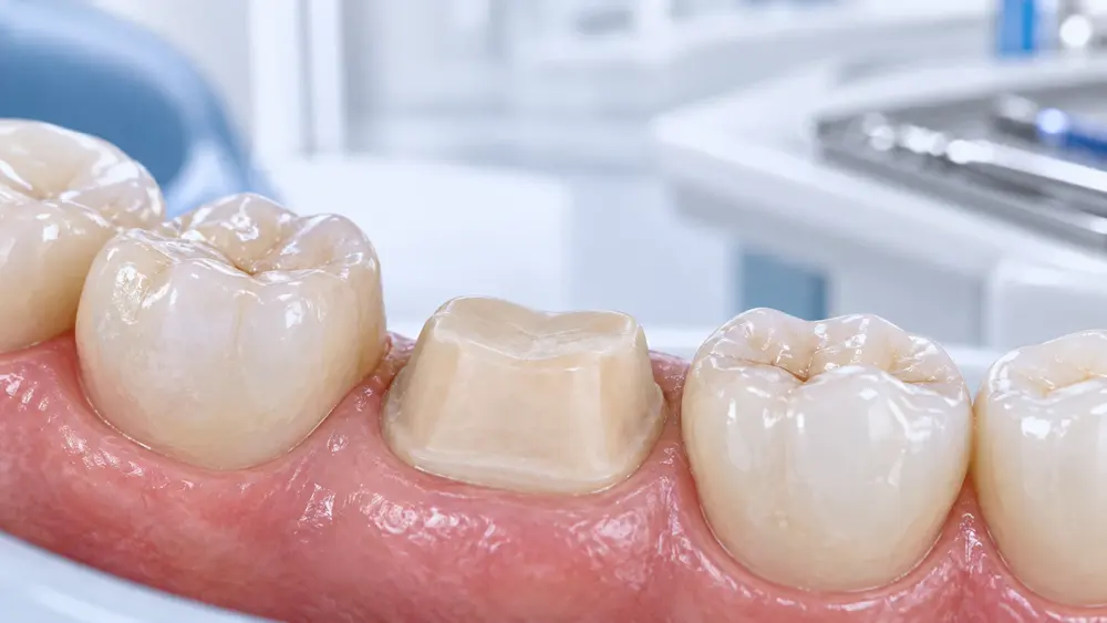 Prepared tooth between two ceramic crowns
