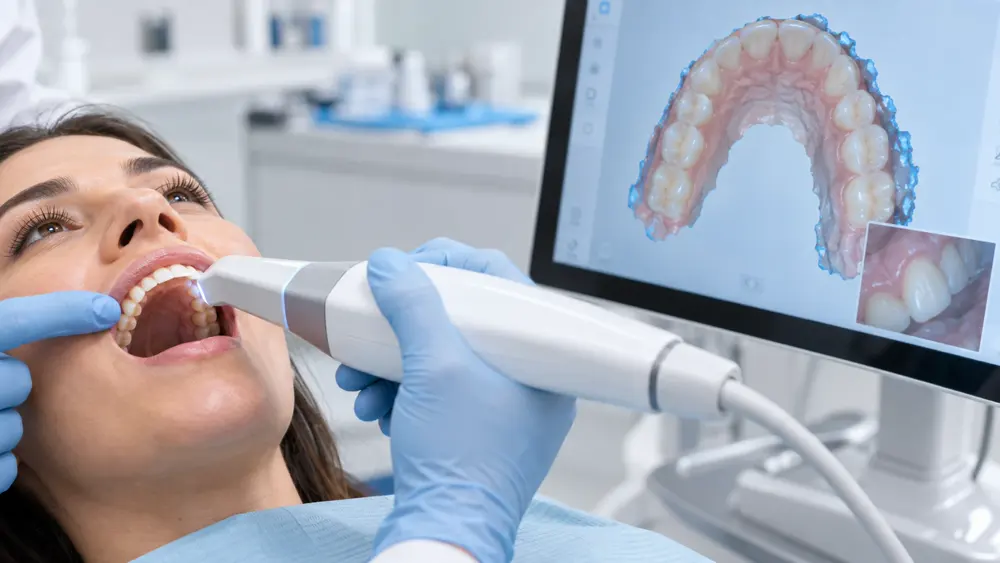 Intraoral 3D scan of a patient's teeth shown on screen