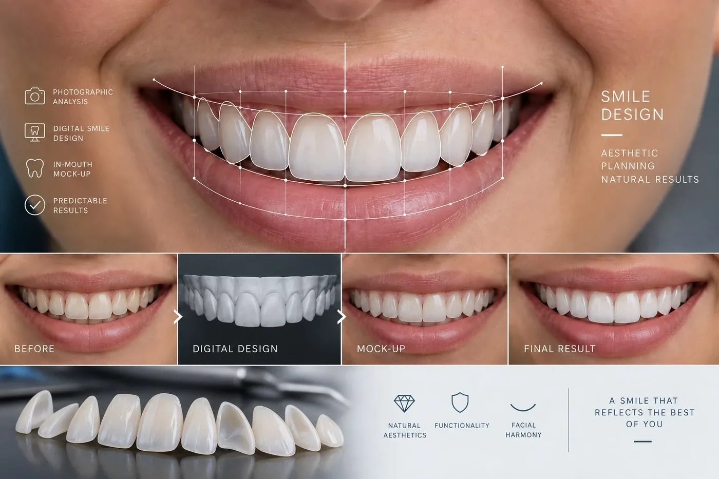 Smile design process from before to final result with porcelain veneers at Esthetic Dent in Costa Rica