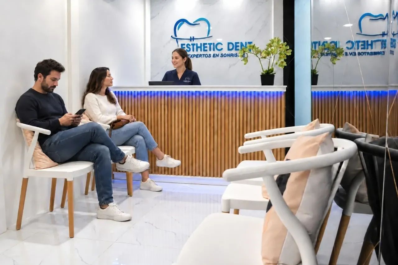 Sala de espera de la clínica con pacientes atendidos por el equipo de recepción