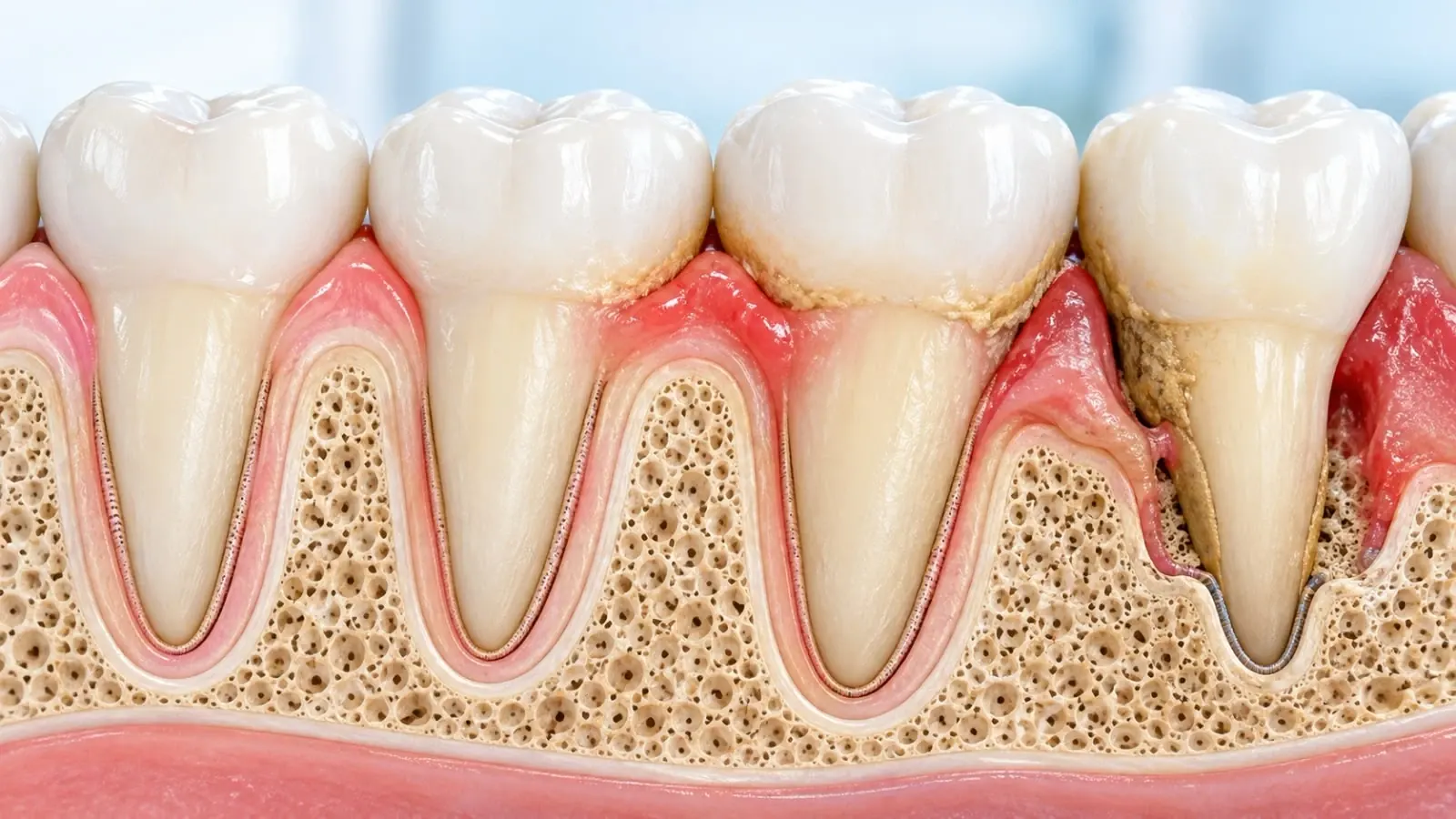 Ilustración educativa comparativa entre una encía saludable, gingivitis y periodontitis