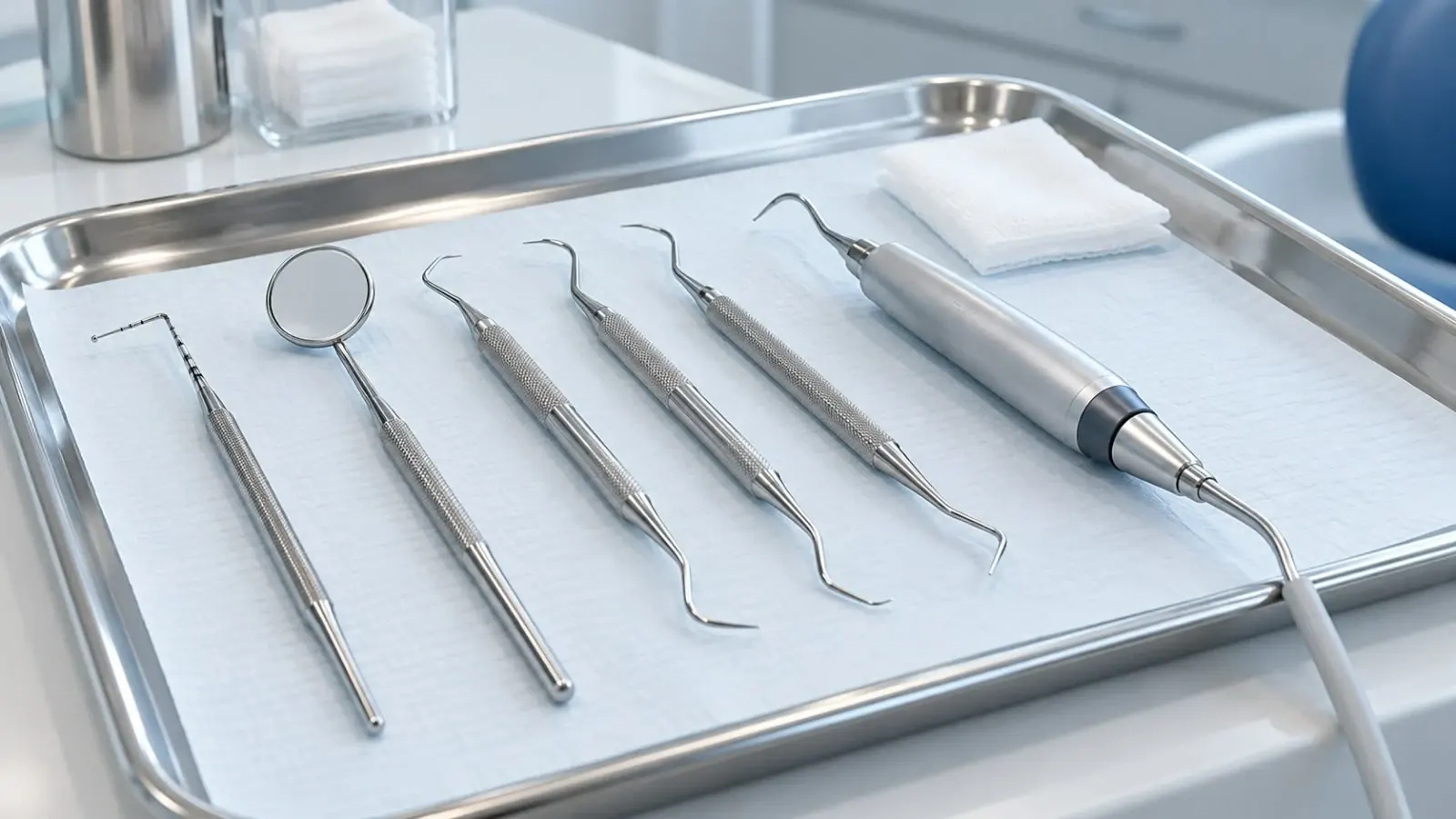 Instrumental periodontal esterilizado sobre una bandeja en el consultorio dental
