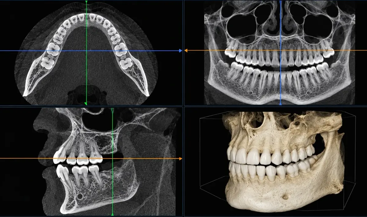 Reconstrucción de tomografía CBCT en vistas axial, panorámica, lateral y 3D
