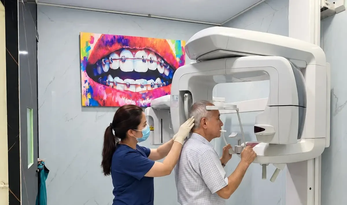 Asistente dental tomando una tomografía CBCT a un paciente en Esthetic Dent