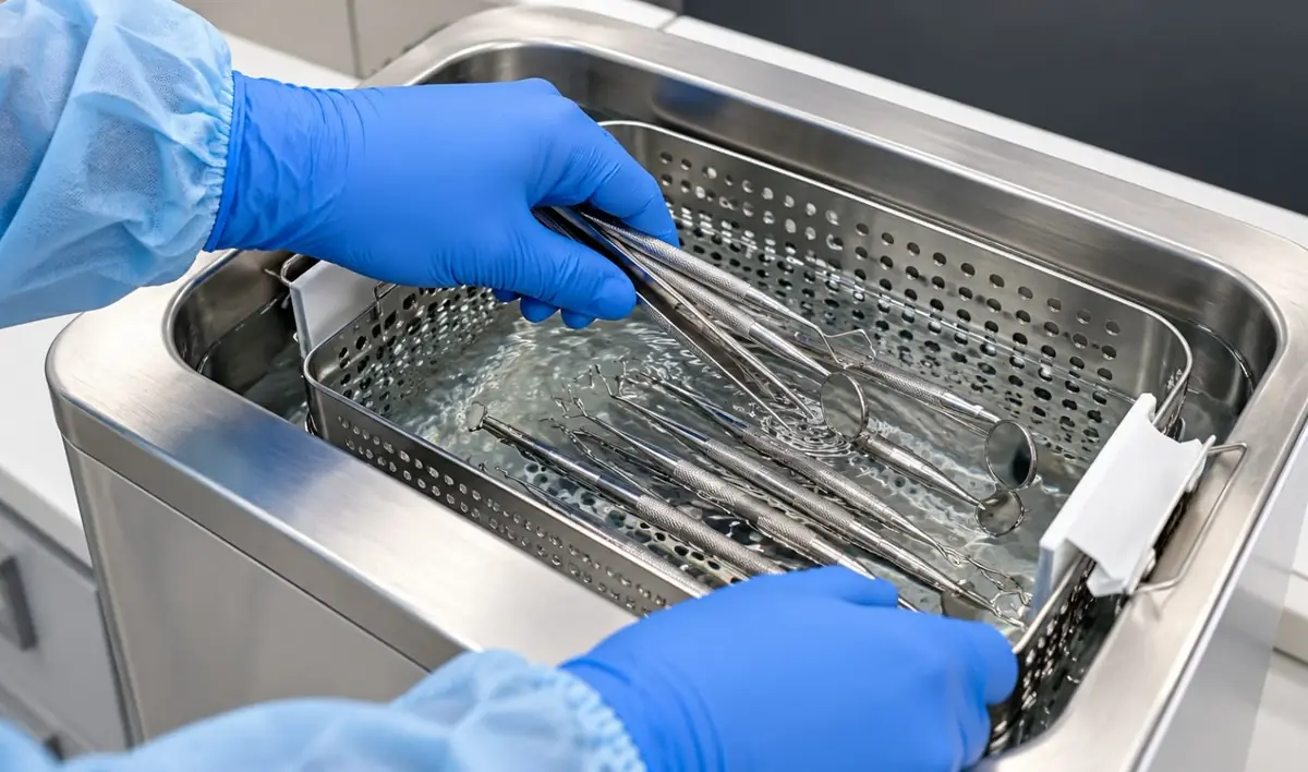 Instrumental odontológico en el proceso de limpieza ultrasónica antes de su esterilización