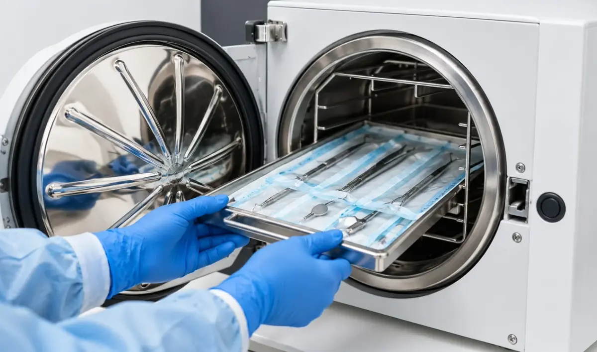 Esthetic Dent assistant loading a tray of sealed instruments into the autoclave in Costa Rica