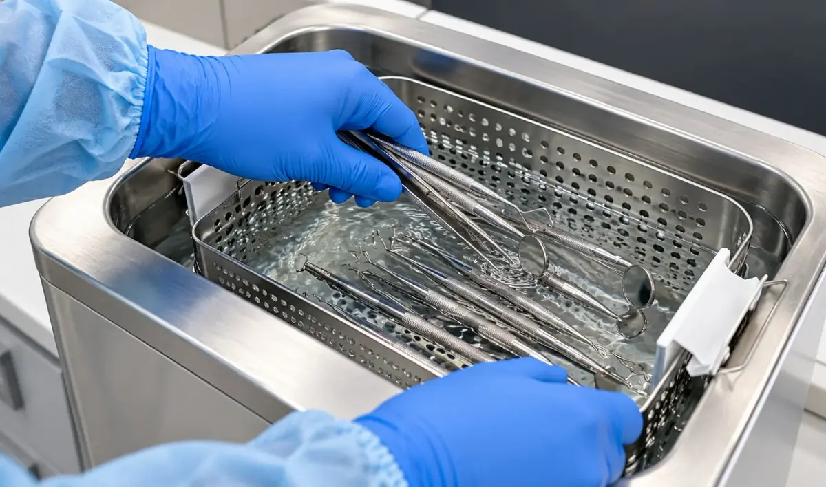 Esthetic Dent assistant using ultrasonic cleaning equipment on dental instruments in Costa Rica
