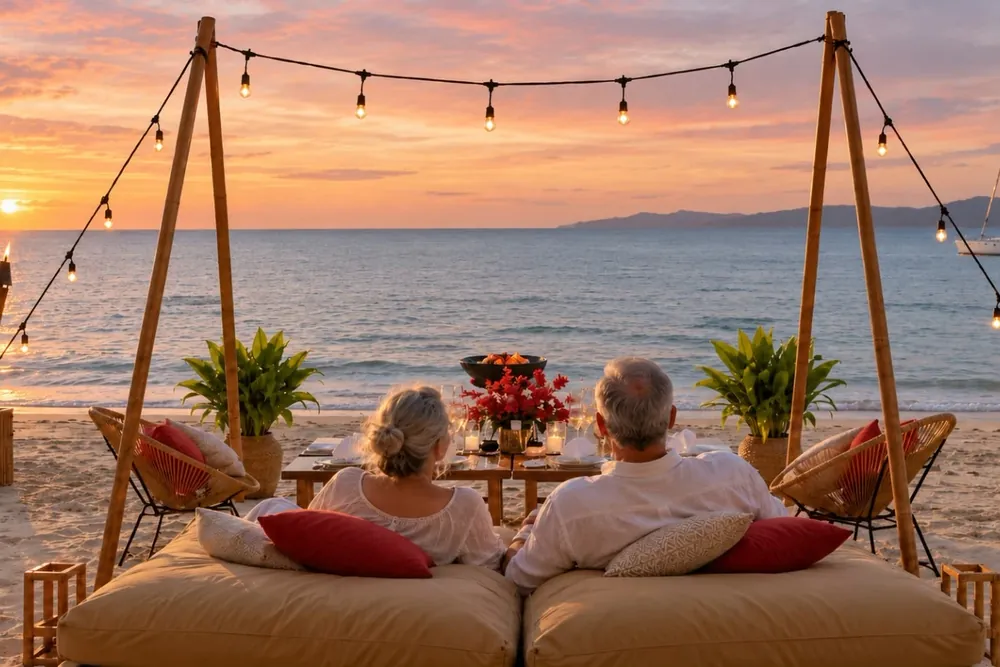 A couple relaxing at a beachfront dinner in Costa Rica