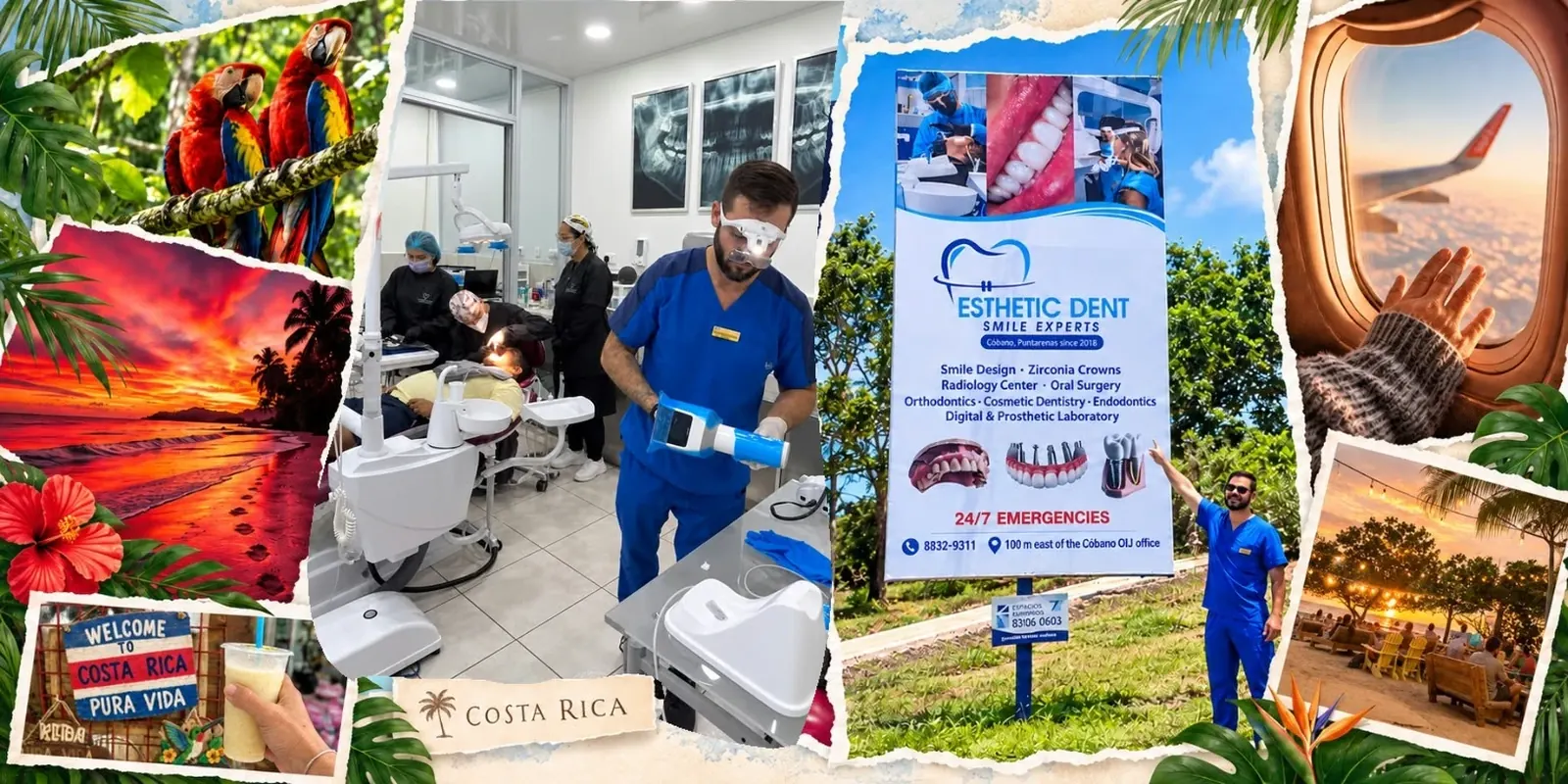 Costa Rica dental tourism collage: scarlet macaws, a Pacific sunset, treatment at the Esthetic Dent clinic in Cóbano, the clinic sign, and a beachfront sunset gathering